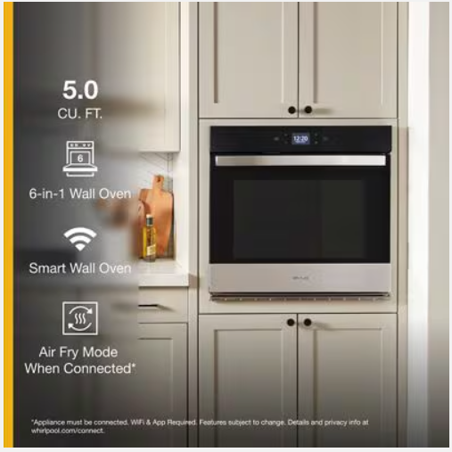 Whirlpool 30" 5.0 Cu. Ft. Smart Single Wall Oven with Air Fry, Fingerprint-Resistant Stainless Steel – WOES5030LZ
