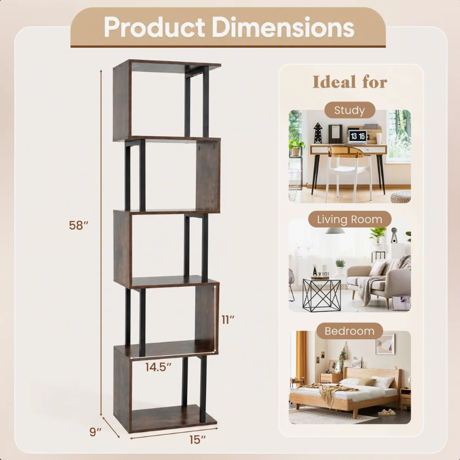S-Shaped 5-Tier Bookshelf Dark Wood Grain & Black Metal