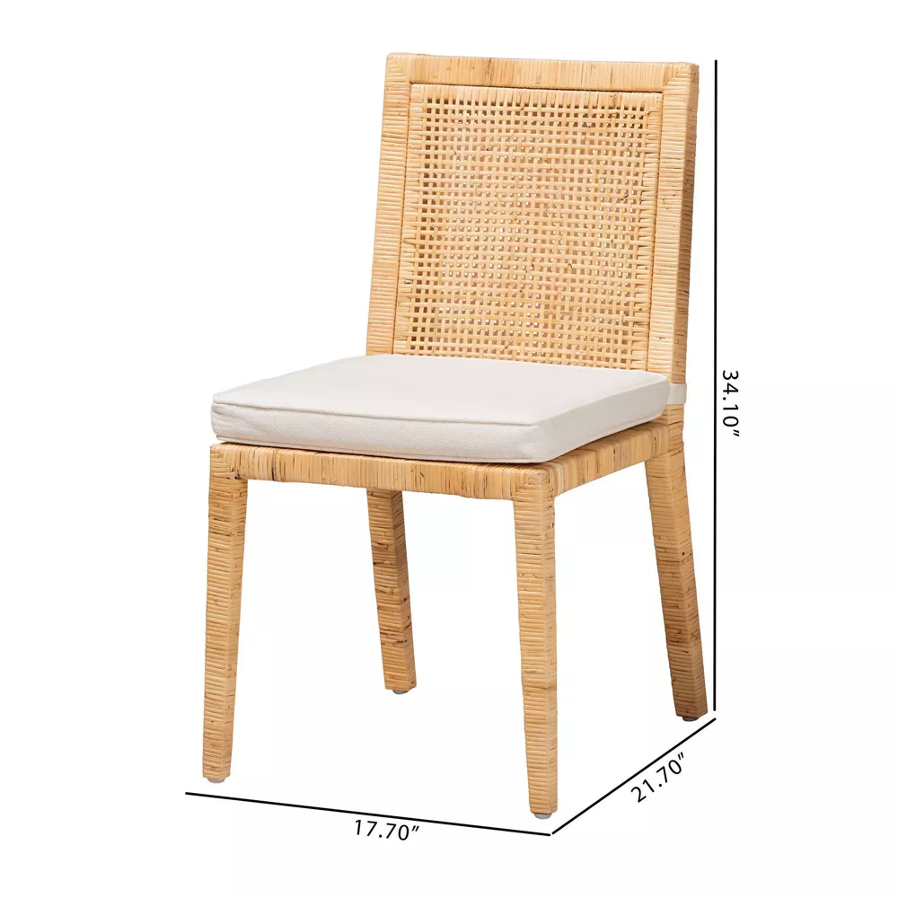 Sofia Wood and Rattan Dining Chair Set Natural/White: Handcrafted, Foam Cushion, No Assembly Required