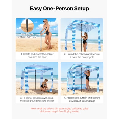 Beach Cabana, 6 x 6 ft Beach Canopy with Side Wall, UPF 50+ Protection Easy Setup Cabana Tent with Sand Pockets, Portable Shade Sun Shelter Umbrella for Whole Family & Friends, Blue Stripes