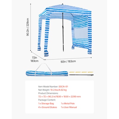 Beach Cabana, 6 x 6 ft Beach Canopy with Side Wall, UPF 50+ Protection Easy Setup Cabana Tent with Sand Pockets, Portable Shade Sun Shelter Umbrella for Whole Family & Friends, Blue Stripes