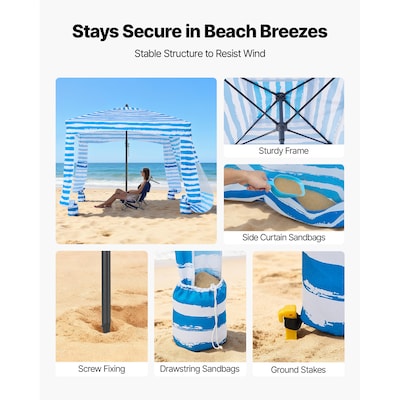 Beach Cabana, 6 x 6 ft Beach Canopy with Side Wall, UPF 50+ Protection Easy Setup Cabana Tent with Sand Pockets, Portable Shade Sun Shelter Umbrella for Whole Family & Friends, Blue Stripes
