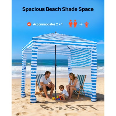 Beach Cabana, 6 x 6 ft Beach Canopy with Side Wall, UPF 50+ Protection Easy Setup Cabana Tent with Sand Pockets, Portable Shade Sun Shelter Umbrella for Whole Family & Friends, Blue Stripes