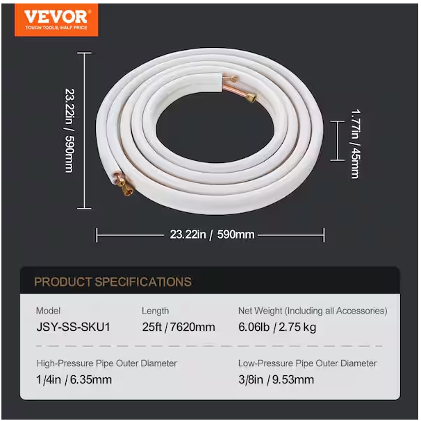 VEVOR 25 ft. Mini Split Line Set 1/4 in. and 3/8 in. O.D Copper Pipes Tubing and Triple-Layer Insulation for Air Conditioning