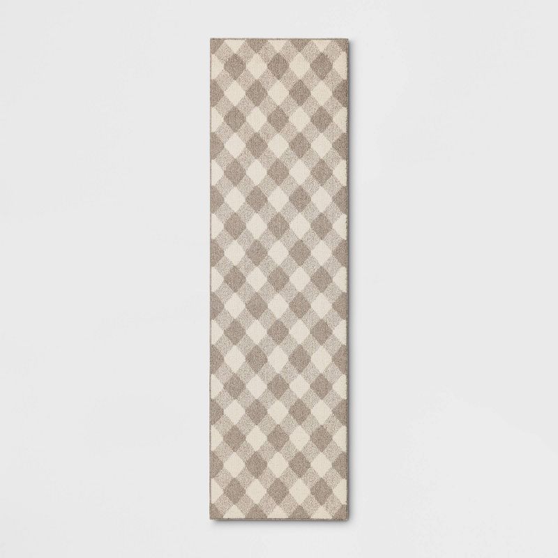 2'4"x7' Gingham Washable Runner Rug Heathered Gray/Ivory - Threshold