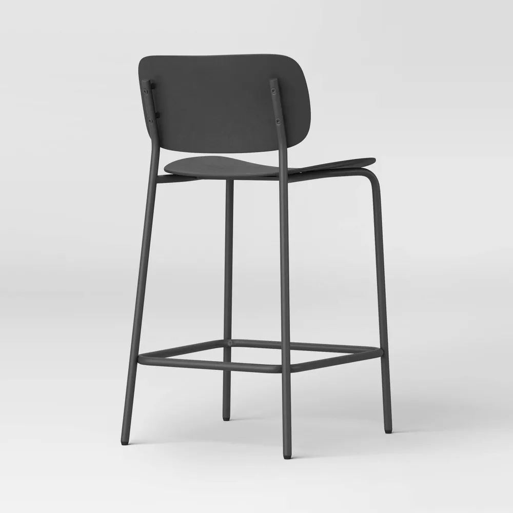 Set of 2 24" Molded Plastic with Metal Base Counter Height Barstool with Footrest Black