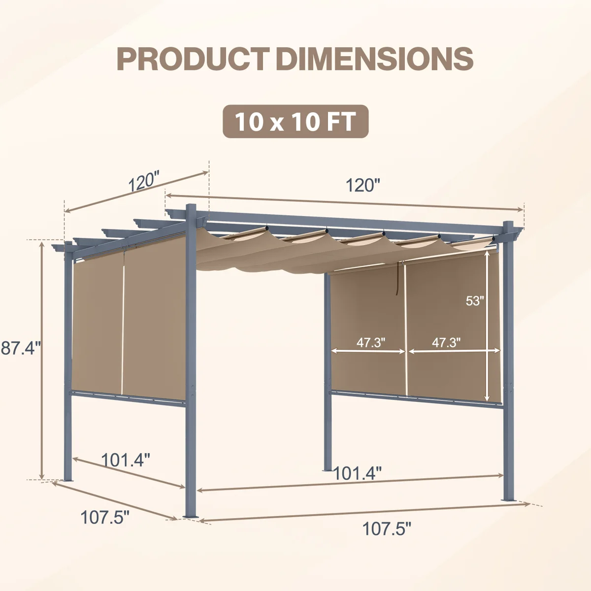 10x10ft Aluminum Pergola with Retractable Canopy and Side Walls - Brown