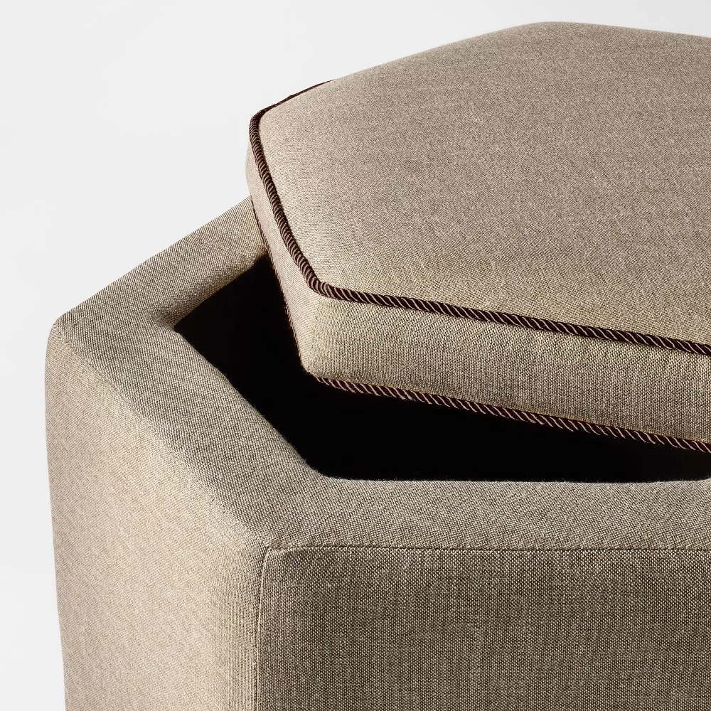Storage Ottoman with Twisted Piping Detail Brown Linen