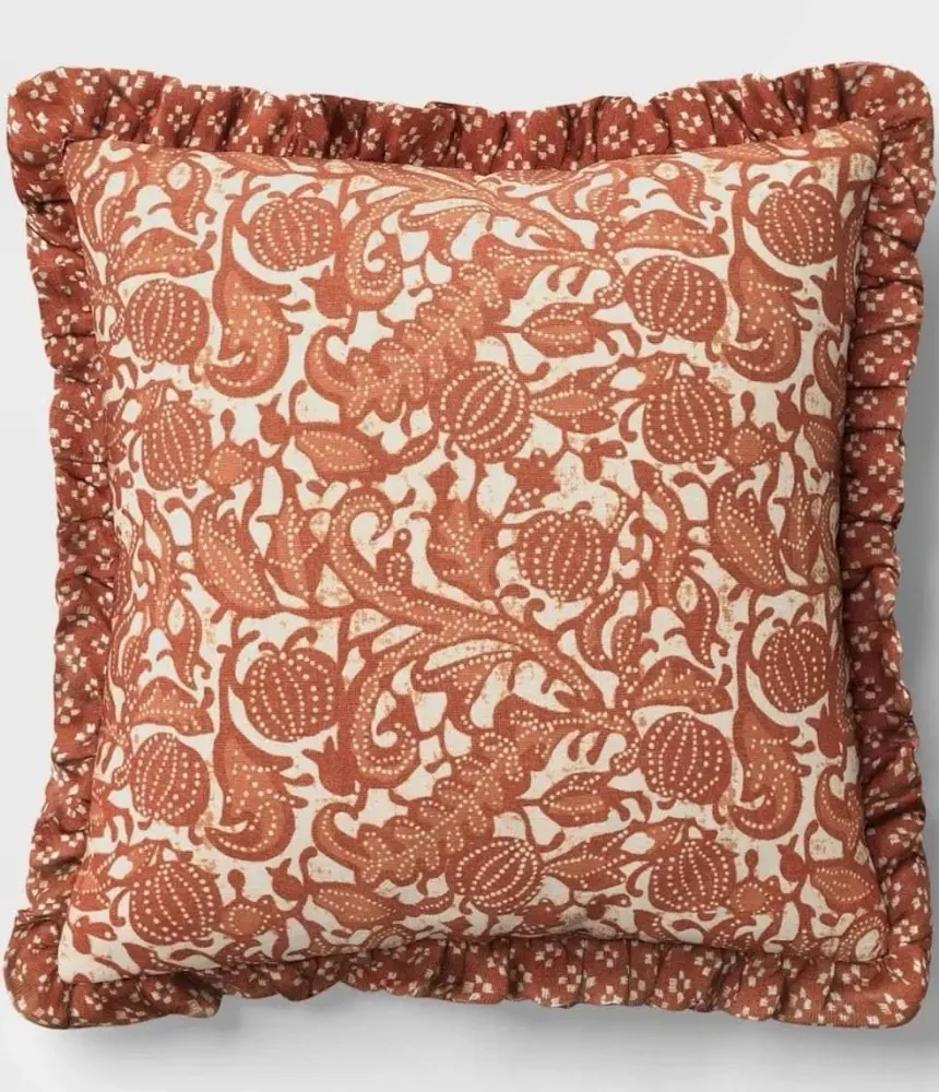 Square Pumpkin Pillow with Printed Reverse and Ruffle Trim