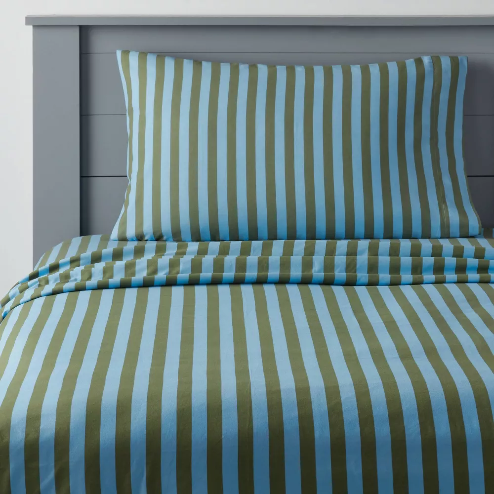 Toddler Striped Kids' Cotton Sheet Set Blue/Green - Pillowfort