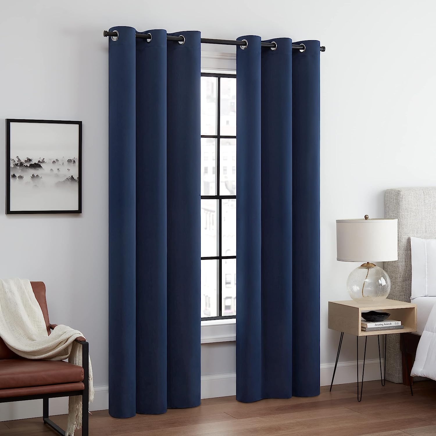 Eclipse Andover Solid Tripleweave Thermal Blackout Grommet Curtains For Bedroom (2 Panels) 42 In X 63 In Navy