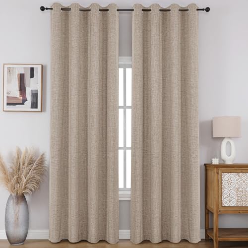 Cucraf 100% Blackout Window Curtains 84 Inches Long 2 Panels Set, Faux Linen Look Thermal Insulated Grommet Drapes, Room Darkening Curtain For Bedroom Living Room(W52 X L84 Inch, Light Khaki)