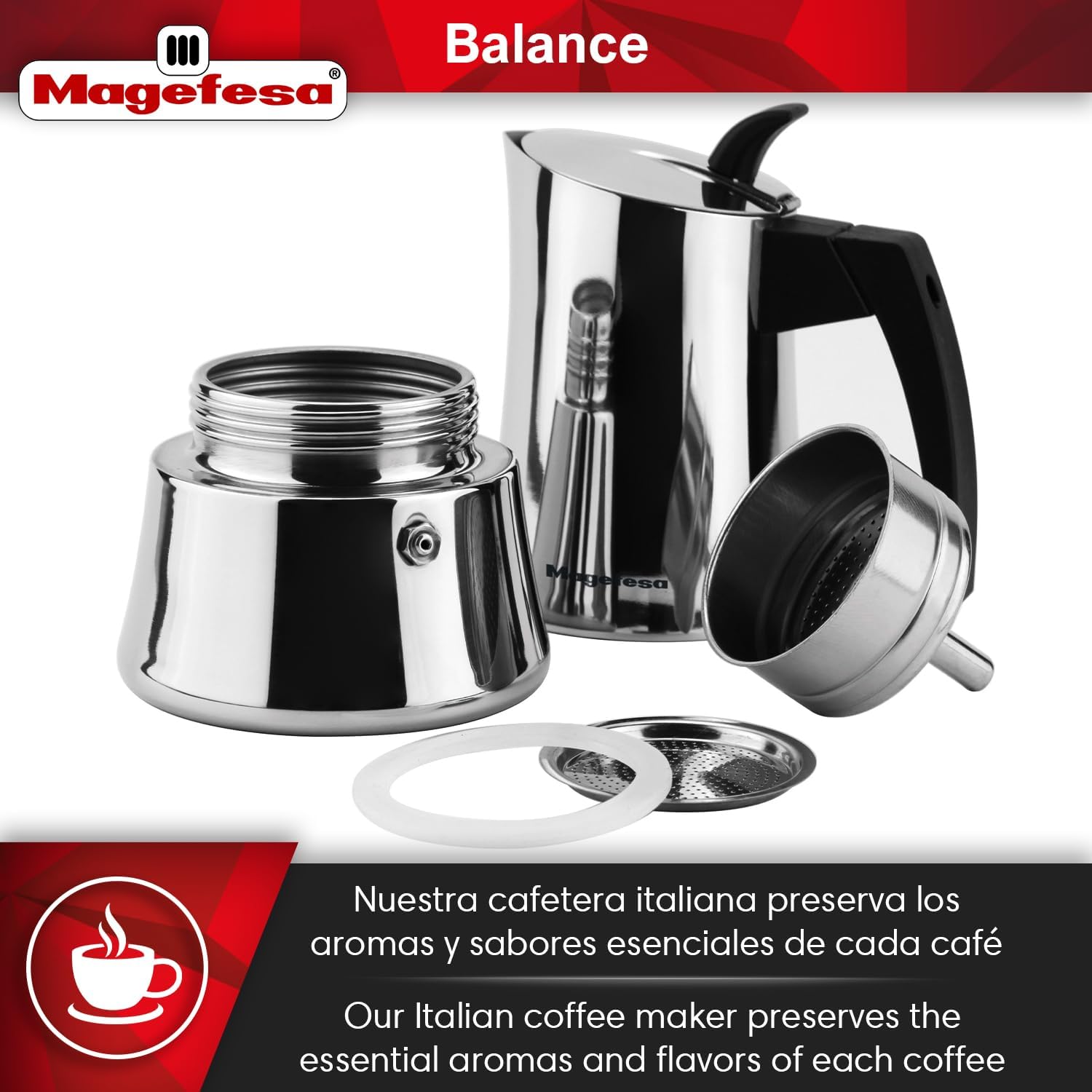 Magefesa Balance 6-Cup Stainless Steel Espresso Moka Pot