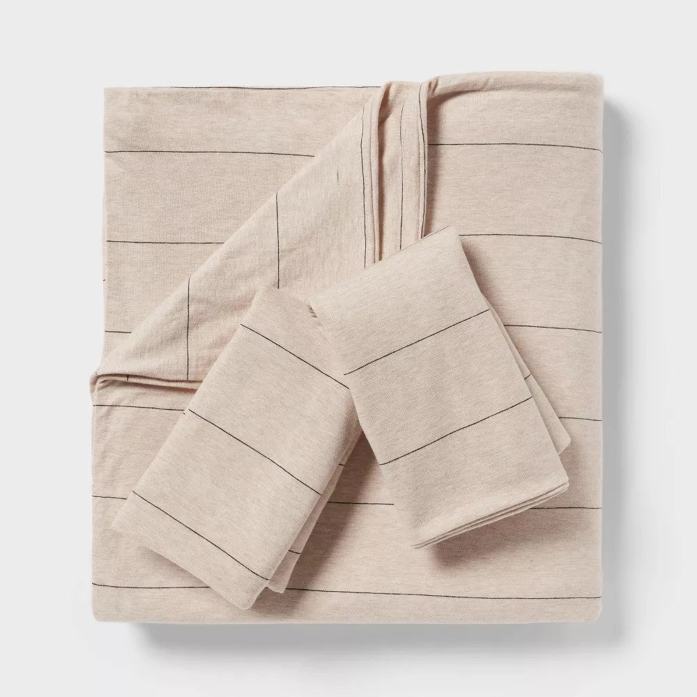 Full/Queen Jersey Duvet and Sham Set Oatmeal Heather Striped - Threshold: Cotton Knitted Bedding Sets with Zipper Closure